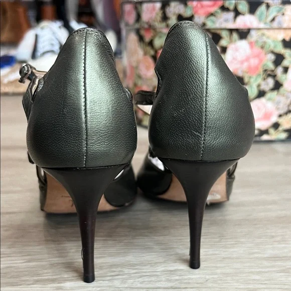 Cole Haan Collection Pointed Toe Strappy Pumps in Metallic Olive Green Leather - Picture 7 of 16